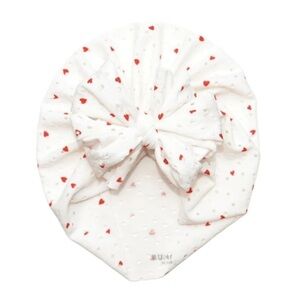 Bunnyknots Baby Bow Turban Hat - White with Mini Red Hearts ages 1-4